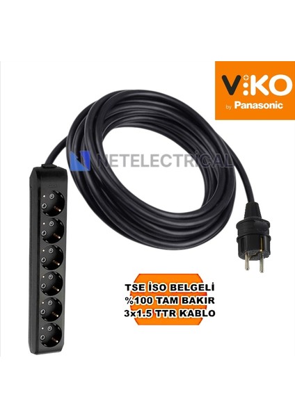 Multi-Let | Altılı 22 Metre Topraklı Çocuk Korumalı Grup Priz - 6'lı, 22 M, Siyah 3x1.5 Ttr (Tam Bakır) Kablolu