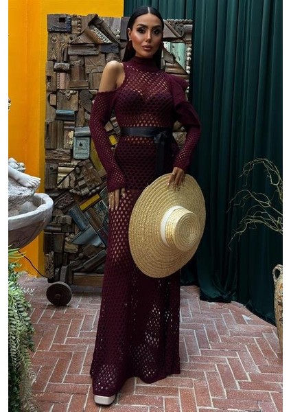 Saten Kuşaklı Ajurlu Triko Elbise 2847 indirimleri