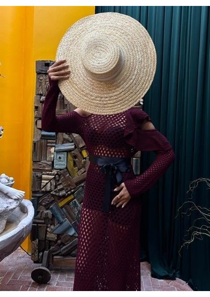 Saten Kuşaklı Ajurlu Triko Elbise 2847