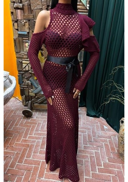 Saten Kuşaklı Ajurlu Triko Elbise 2847