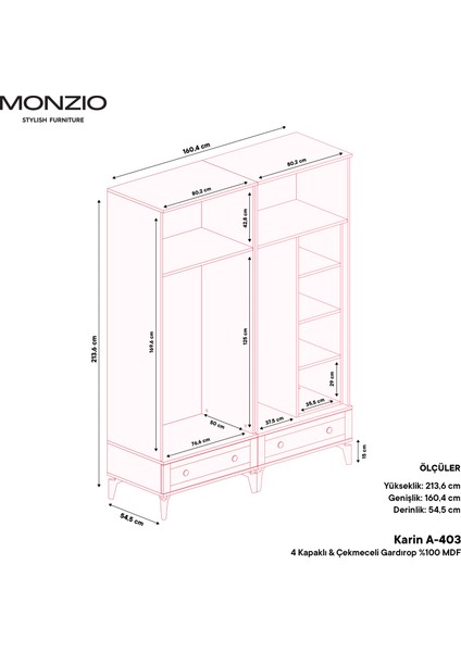 Karin 4 Kapaklı Çekmeceli Gardırop Tamamı MDF (Aytaşı)