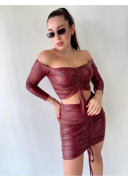 Kadın Büzgülü Deri Etek Takım Fırsat Ürün indirimleri