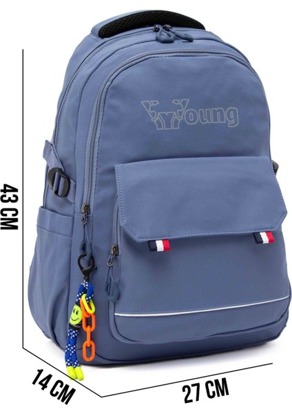 Young 51585 Blue Mavi Unisex Çok Cepli Anahtarlık Aksesuarlı Suya Dayanıklı Sırt Çantası