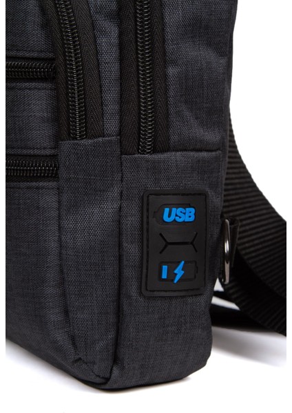Keten Kumaş USB Kulaklık Çıkışlı Fermuarlı Göğüs ve Omuz Çantası NEW122 - Siyah - Mavi