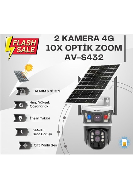 2 Kamera, 4g, 10X Optik Zoom, Güneş Enerjili, Alarm-Siren, 4mp Yüksek Çözünürlük, Insan Takibi