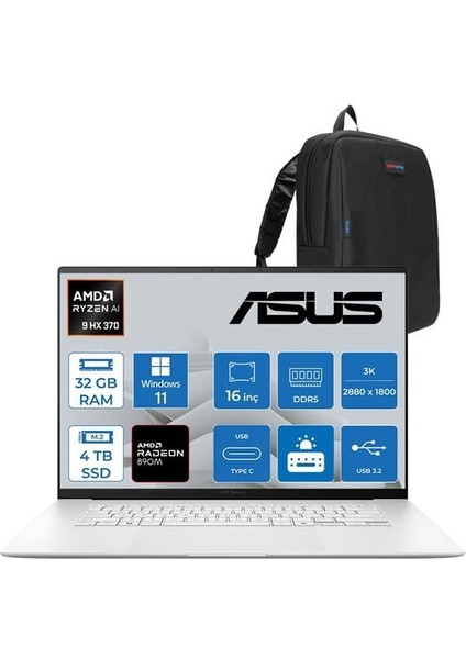 Zenbook S16 Ryzen Aı 9 Hx 370 32GB Ddr5 4tb SSD Amd Radeon 890M WIN11PRO 16" 3k OLED 120Hz 500NITS Taşınabilir Bilgisayar UM5606WATP04 + Zettaçanta
