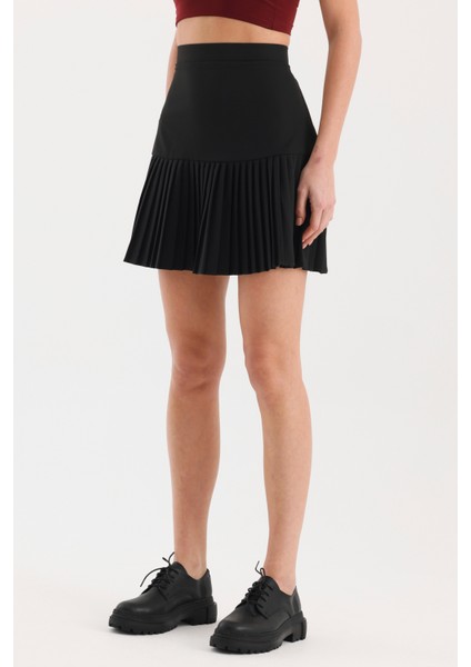 Klasik Kumaş Pileli Etek - Siyah