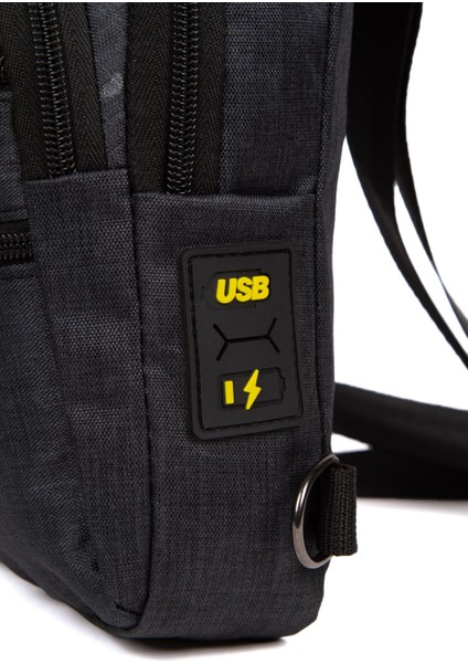 Keten Kumaş USB Kulaklık Çıkışlı Fermuarlı Göğüs ve Omuz Çantası NEW122 - Siyah - Sarı