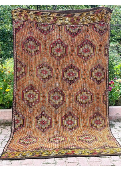 173X300 cm El Yapımı Antika Türk Kilimi, Turuncu Geometrik Desenli Yün Halı, Vintage Büyük Boy Salon Kilimi