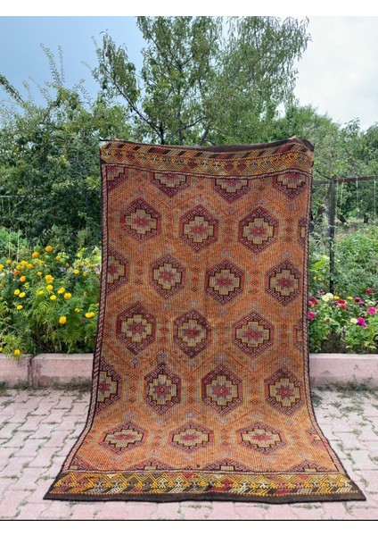 173X300 cm El Yapımı Antika Türk Kilimi, Turuncu Geometrik Desenli Yün Halı, Vintage Büyük Boy Salon Kilimi fiyatları