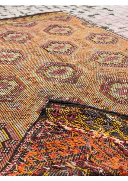 173X300 cm El Yapımı Antika Türk Kilimi, Turuncu Geometrik Desenli Yün Halı, Vintage Büyük Boy Salon Kilimi indirimleri