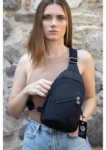 Kadın Krinkıl Kumaş Bodybag Çapraz Göğüs ve Omuz Çantası new126 - Siyah