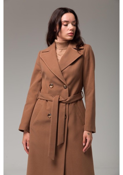 Kruvaze Belden Bağlamalı Ara Boy Kaban Taba 3754 modelleri