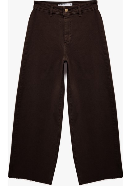 Yüksek Bel Düğmeli Cepli Rahat Kalıp Geniş Paça Denim Pantolon - Culotte Jeans