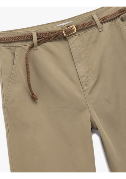 Yüksek Bel Duble Paça Pamuklu Kemerli Chino Pantolon