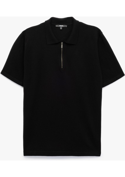 Viskon Regular Fit Polo Yaka Yarım Fermuarlı Kısa Kollu Triko Tişört
