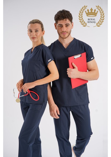 Dr Greys Modeli Lacivert Royal Çift Yön Likralı Premium Scrubs