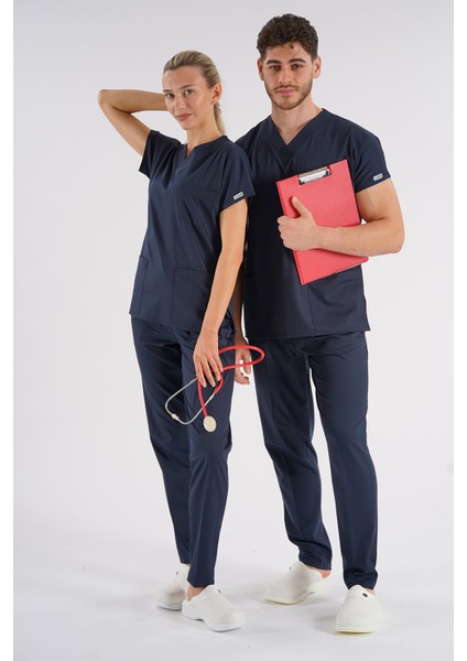 Dr Greys Modeli Lacivert Royal Çift Yön Likralı Premium Scrubs
