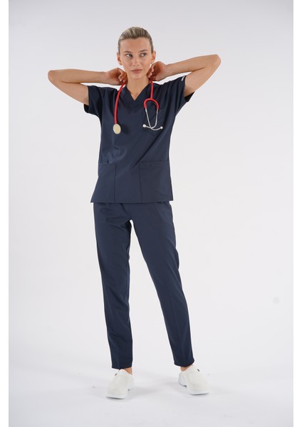 Dr Greys Modeli Lacivert Royal Çift Yön Likralı Premium Scrubs