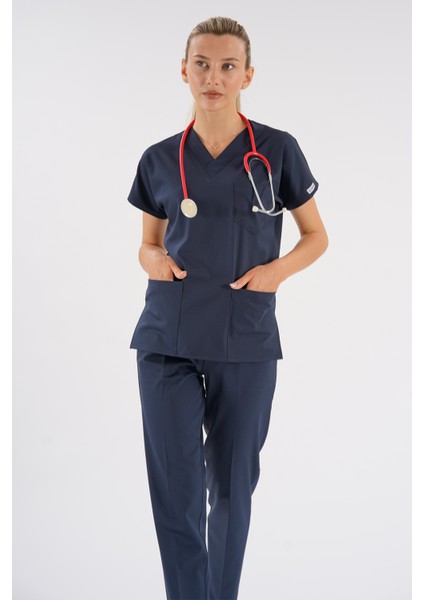 Dr Greys Modeli Lacivert Royal Çift Yön Likralı Premium Scrubs