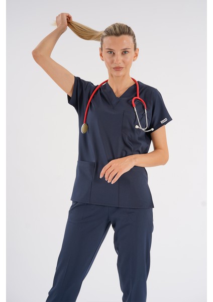 Dr Greys Modeli Lacivert Royal Çift Yön Likralı Premium Scrubs