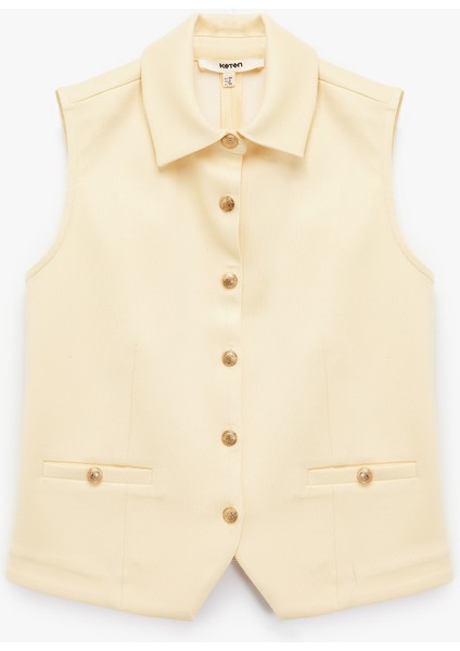 Slim Fit Gold Düğme Detaylı Kolsuz Ceket Yaka Yelek