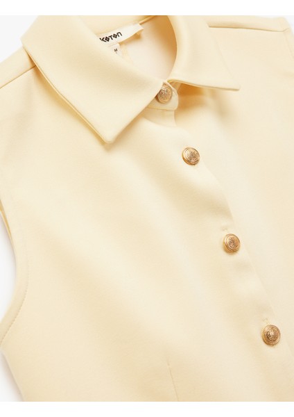 Slim Fit Gold Düğme Detaylı Kolsuz Ceket Yaka Yelek