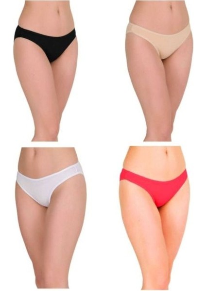 Berrak 4'lü (Siyah - Beyaz - Ten - Kırmızı Renkler) Pamuklu ve Likralı Kadın Bikini Külot