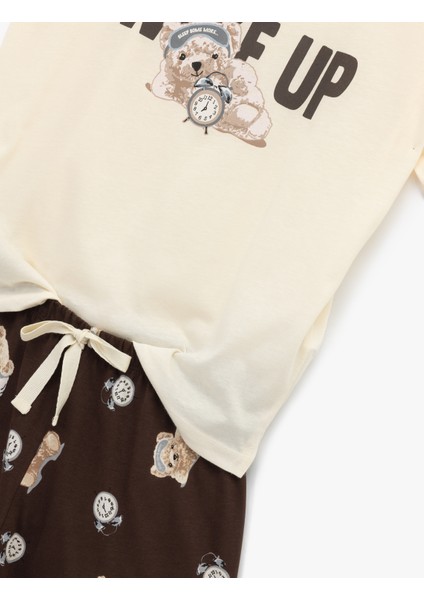 Pamuklu Kısa Kollu Ayıcık Baskılı Şortlu Pijama Takımı modelleri