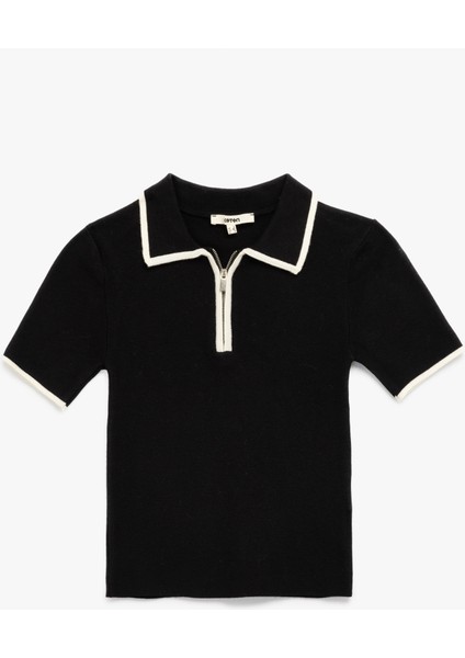 Regular Fit Kısa Kollu Polo Yaka Yarım Fermuarlı Triko Kazak