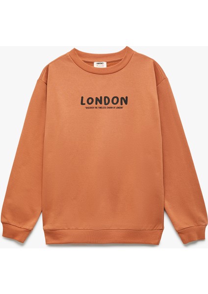 Pamuklu Uzun Kollu Bisiklet Yaka Baskılı Oversize Sweatshirt