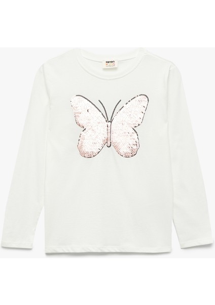 Pullu Payetli Uzun Kollu Bisiklet Yaka Pamuklu Tişört