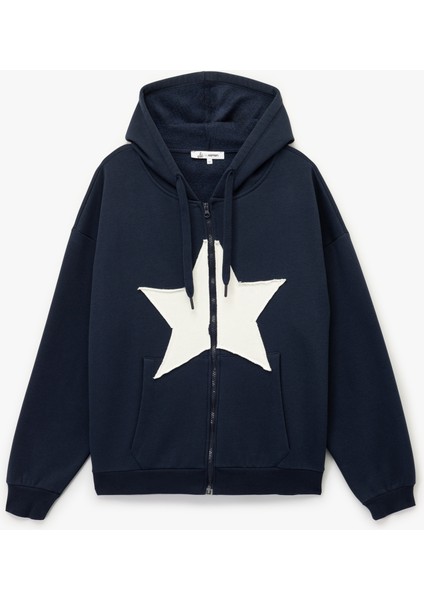 Yıldız Baskılı Şardonlu Kapüşonlu Kanguru Cepli Oversize Fermuarlı Sweatshirt