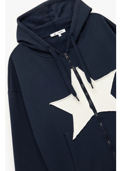 Yıldız Baskılı Şardonlu Kapüşonlu Kanguru Cepli Oversize Fermuarlı Sweatshirt modelleri