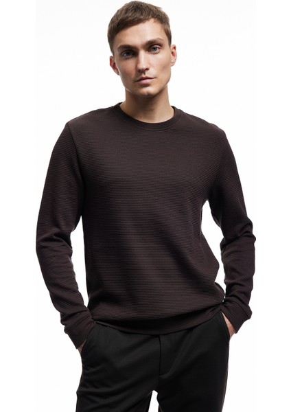 Pamuklu Uzun Kollu Dokulu Basic Bisiklet Yaka Sweatshirt