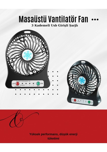 USB Girişli Taşınabilir Masaüstü Mini Fan – 3 Kademeli Hız, Şarjlı, Işıklı, Sessiz Çalışma