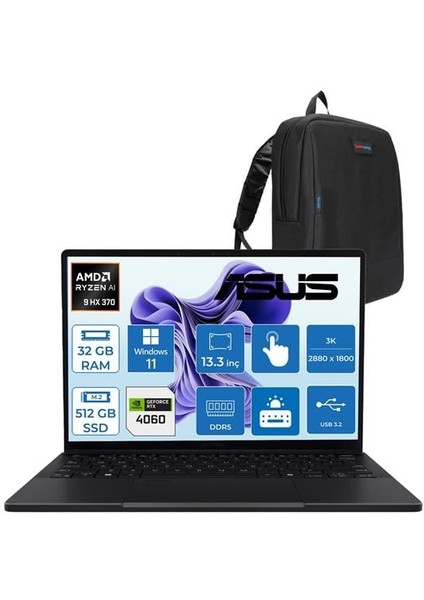 Proart PX13 Ryzen Aı 9 Hx 370 32GB Ddr5 512GB SSD 8GB/RTX4060 WIN11PRO 13.3" 3k OLED 60Hz 500NITS Dokunmatik Taşınabilir Bilgisayar HN7306WVP01 + Zettaçanta