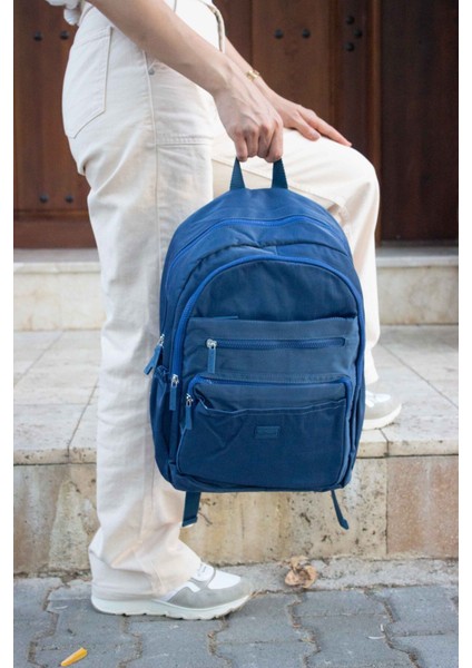 Young 17304 Mavi Krinkıl Kumaş Suya Dayanıklı Çok Cepli Sırt Çantası