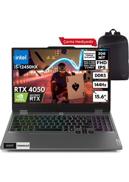 Loq I5-12450HX 64-Gbddr5 512 GB SSD RTX4050 (6gb) 105W 15.6" Fhd 144Hz Windows 10 Home + Hmf Sırt Çantası 83GS009ATRHMFC137