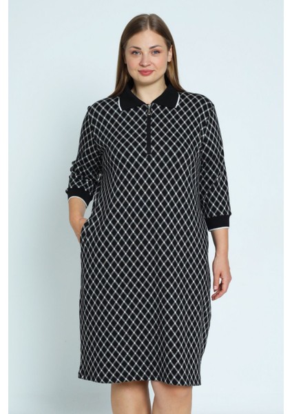 Kadın Büyük Beden Ekose Desenli Truvakar Kollu Cepli Yakası Fermuarlı Likralı Jakarlı Elbise