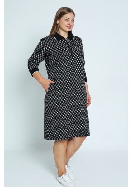 Kadın Büyük Beden Ekose Desenli Truvakar Kollu Cepli Yakası Fermuarlı Likralı Jakarlı Elbise fiyatları
