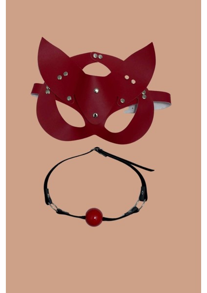 Aria's Closet Kırmızı Deri Maske ve Ağız Topu Harness Aksesuar