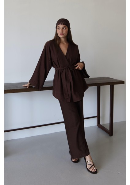 Kahverengi Pamuklu Kimono Bol Paça Pantolon Takım