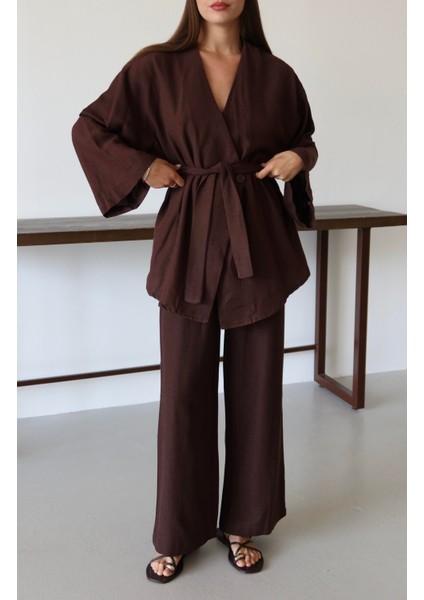 Kahverengi Pamuklu Kimono Bol Paça Pantolon Takım fırsatları