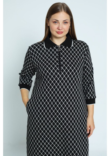 Kadın Büyük Beden Ekose Desenli Truvakar Kollu Cepli Yakası Fermuarlı Likralı Jakarlı Elbise fırsatları