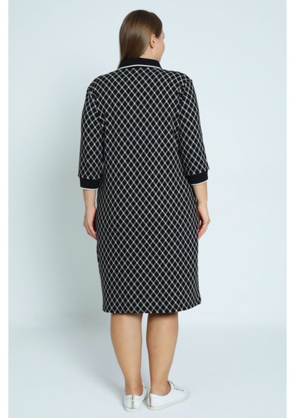 Kadın Büyük Beden Ekose Desenli Truvakar Kollu Cepli Yakası Fermuarlı Likralı Jakarlı Elbise indirimleri