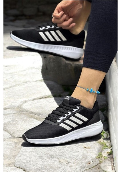 Unisex Siyah Dört Bant Günlük Fileli Rahat Spor Ayakkabı MİHRA4004