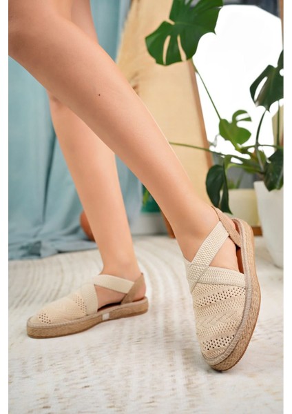 Linen Krem Burnu Kapalı Lastikli Triko Sandalet B-1