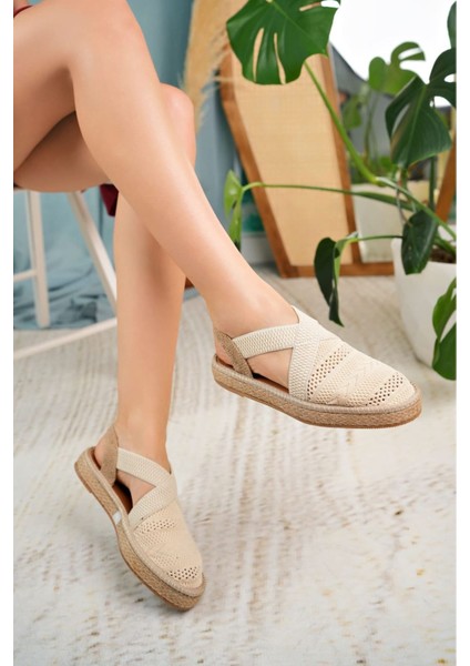 Linen Krem Burnu Kapalı Lastikli Triko Sandalet B-1 modelleri