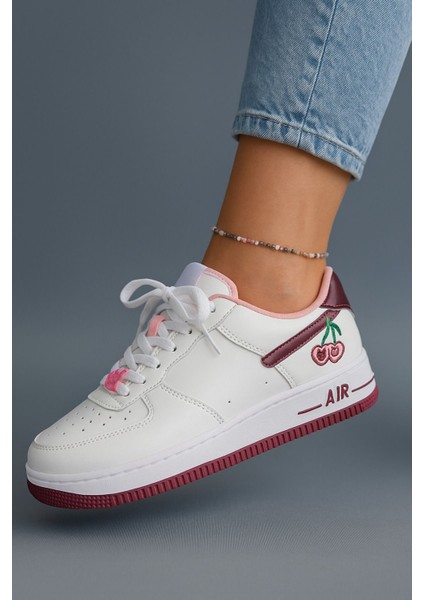 Kiraz Desenli Düz Beyaz Kadın Sneakers Ayakkabı Spor Ayakkabı Yazlık Ayakkabı